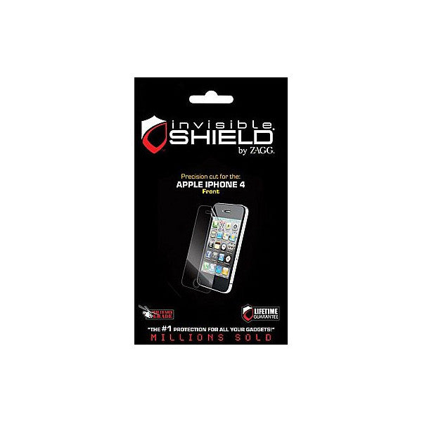 Product packaging for Invisible Shield screen protector showing front view of iPhone 4 with protective film applied, against black background with white text and logo.