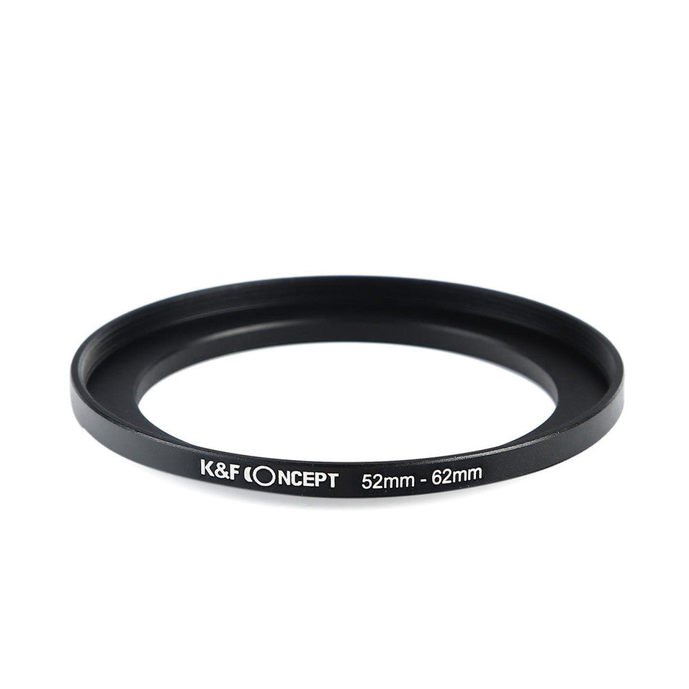 Black step-up ring adapter shown at an angle, displaying the K&F Concept branding and 52mm-62mm size markings on its side.
