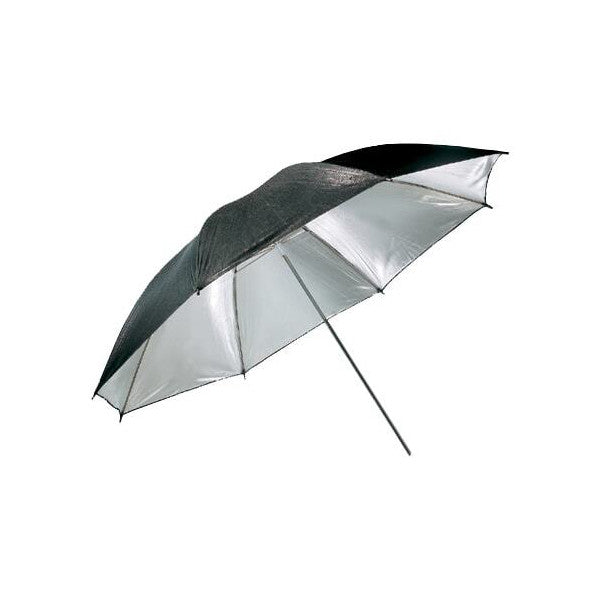 Black and silver soft umbrella displayed at an angle against white background, showing the canopy and stand leg.