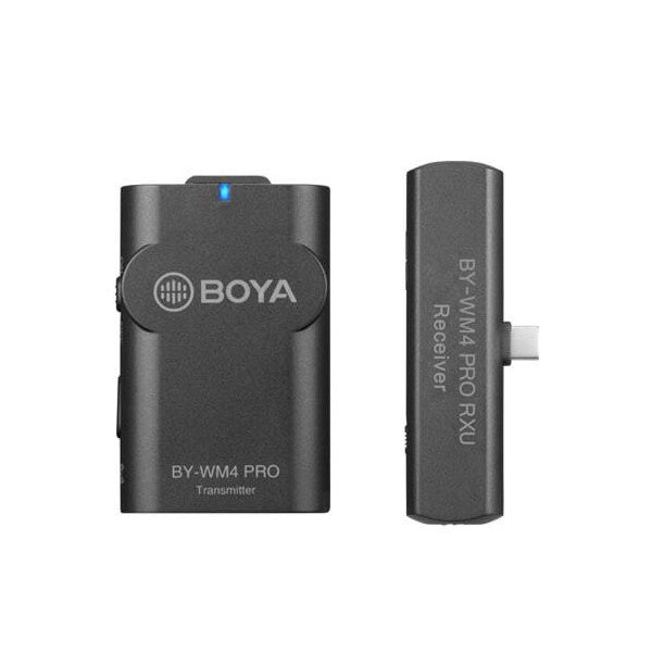 Two black wireless microphone units shown side-by-side: transmitter on left labeled "BY-WM4 PRO" and receiver on right with USB-C connector.