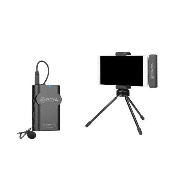 BOYA BY-WM4 Pro-K5 wireless microphone kit showing transmitter unit on left, smartphone tripod mount with receiver on right, against white background.