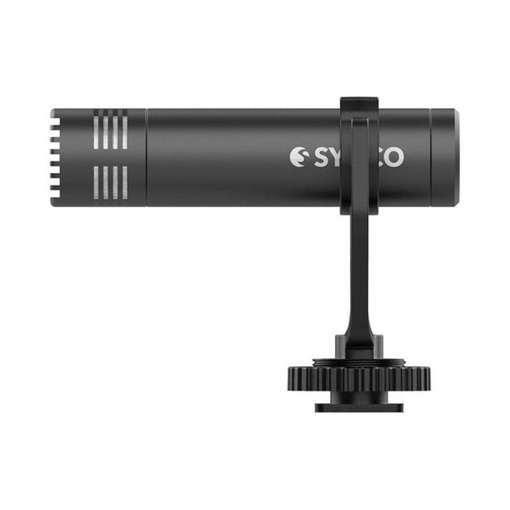 Black shotgun microphone shown from the side with mounting bracket attached below, displaying the mesh grille and brand logo on the barrel.
