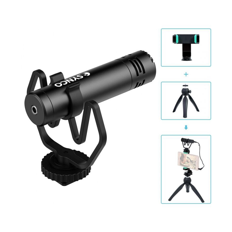 Black shotgun microphone with shock mount shown at angle, accompanied by mounting accessories and tripod setup diagrams on right side.