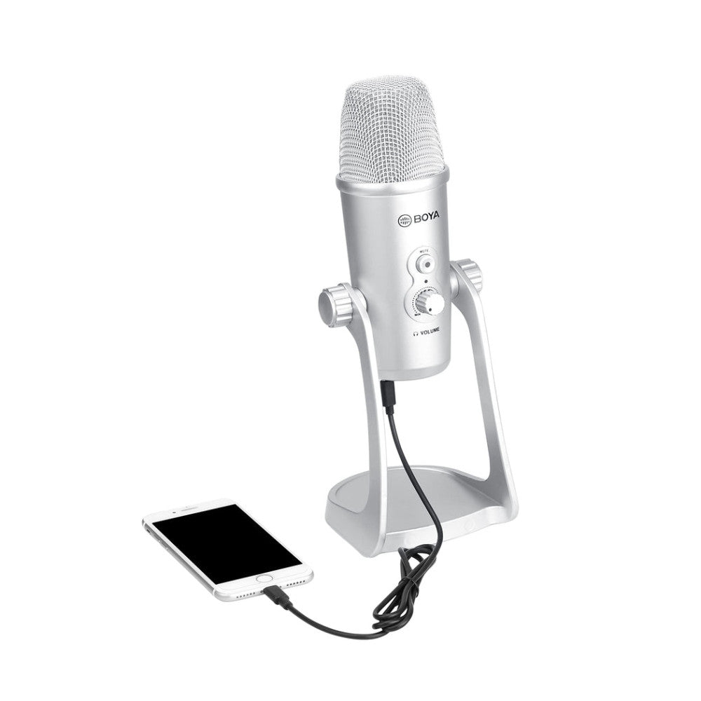 White BOYA USB podcast microphone on stand connected to smartphone, shown against white background.