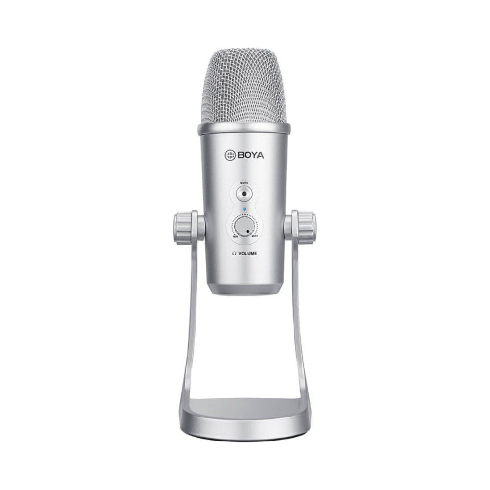 Silver BOYA USB podcast microphone shown from front view with mute button and volume control knob visible, mounted on metal stand.