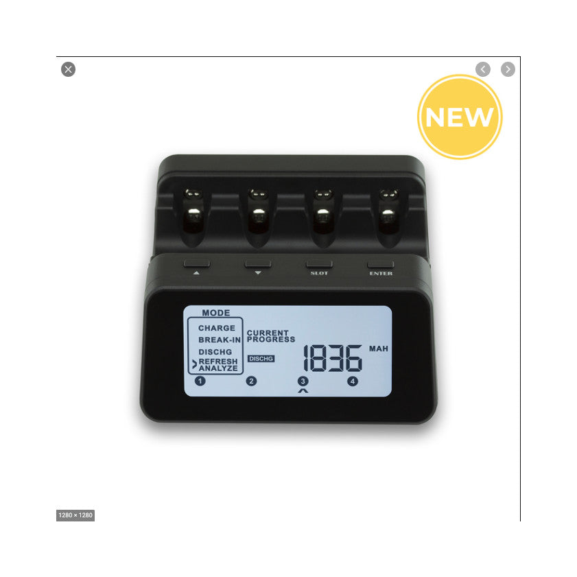 Front view of black battery charger with four charging slots, LCD display showing "1896 MAH" readout, and control buttons labeled Mode, Charge, Discharge, and other functions.