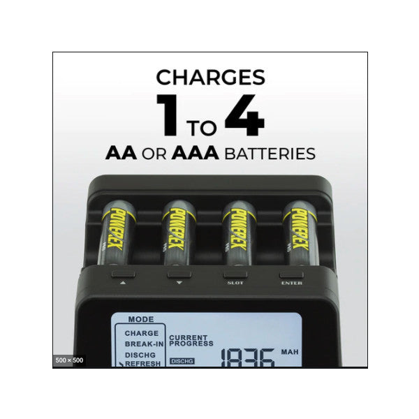 Front view of black battery charger with four yellow AA/AAA batteries inserted in slots and LCD display showing 1945 mAh charging progress.