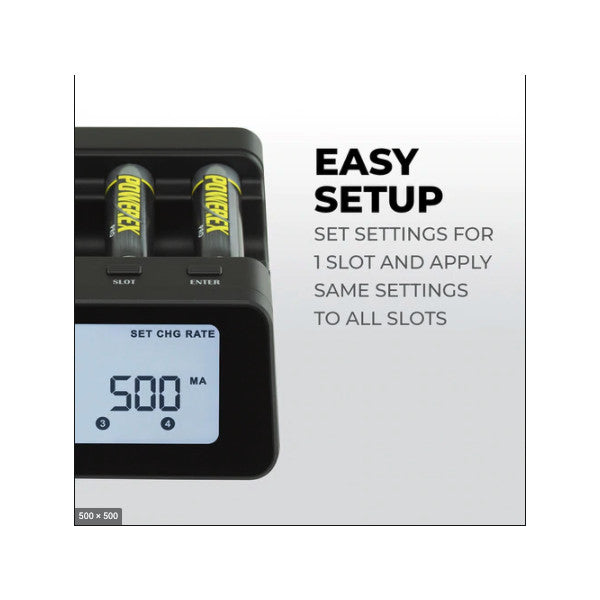 Close-up of charger display showing 500mA charge rate setting with yellow batteries in slots and "Easy Setup" feature text.