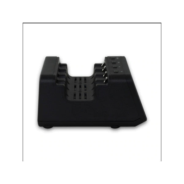 Black battery charger shown from above at an angle, displaying the top surface with dual slot compartments and ventilation grilles.