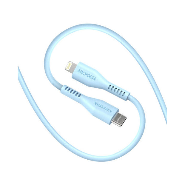 A coiled light blue USB-C to Lightning charging cable displayed against a white background, showing both connector ends and the cable's braided design.
