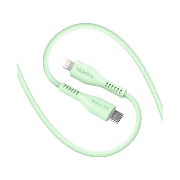 Mint green USB-C to Lightning cable coiled on white background, showing connector ends and textured grip sections.