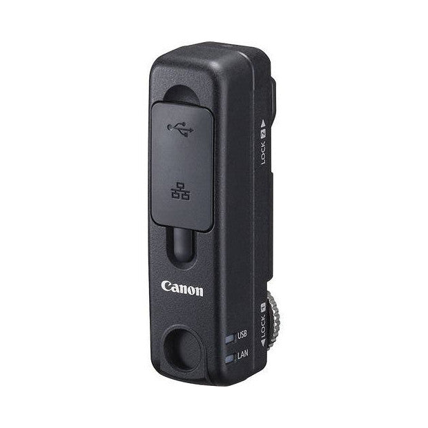 Canon WFT-E2 wireless transmitter shown from the side angle, displaying USB and LAN ports, with a flip-out connector panel on top.