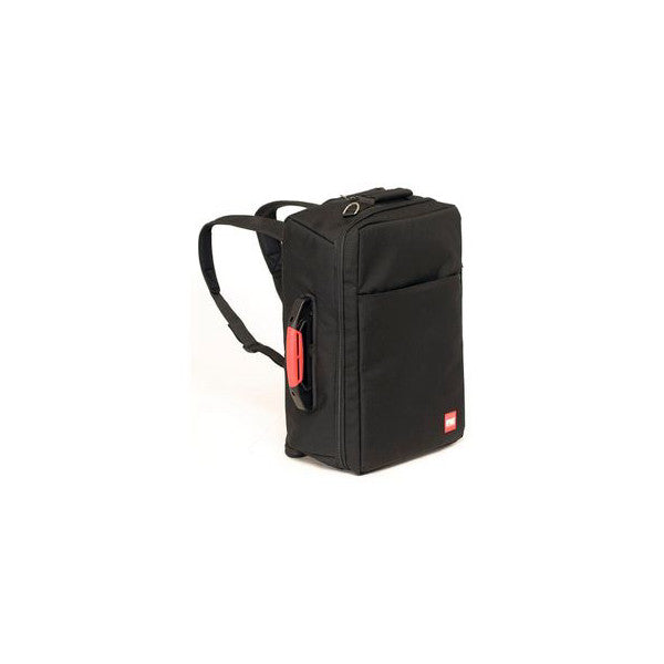 Black HPRC backpack with red accents shown from front-right angle against white background, displaying padded straps and structured design.
