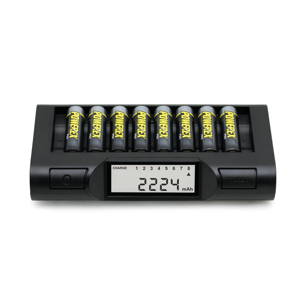 Front view of black battery charger with eight yellow AA/AAA batteries installed and LCD display showing 2224 mAh readout.