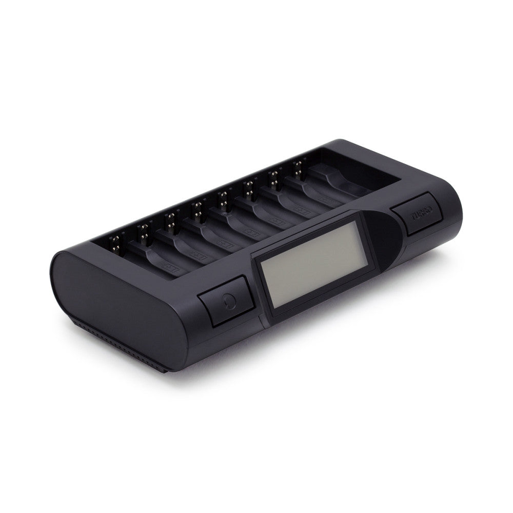 Black battery charger with eight charging slots shown from above at an angle, featuring a digital LCD display screen and control buttons on the front.