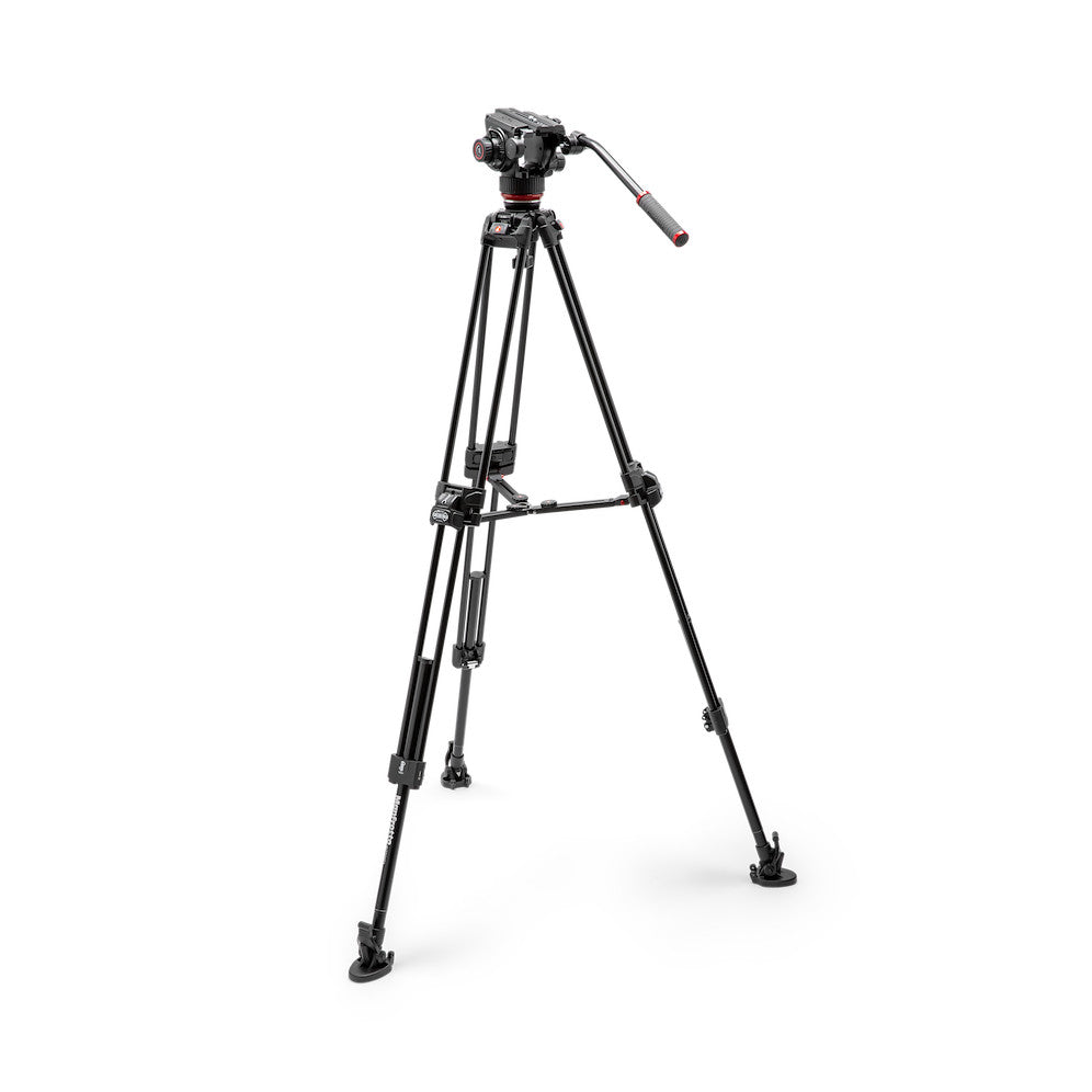 Black professional video tripod with fluid head and pan arm, shown from front-left angle against white background.