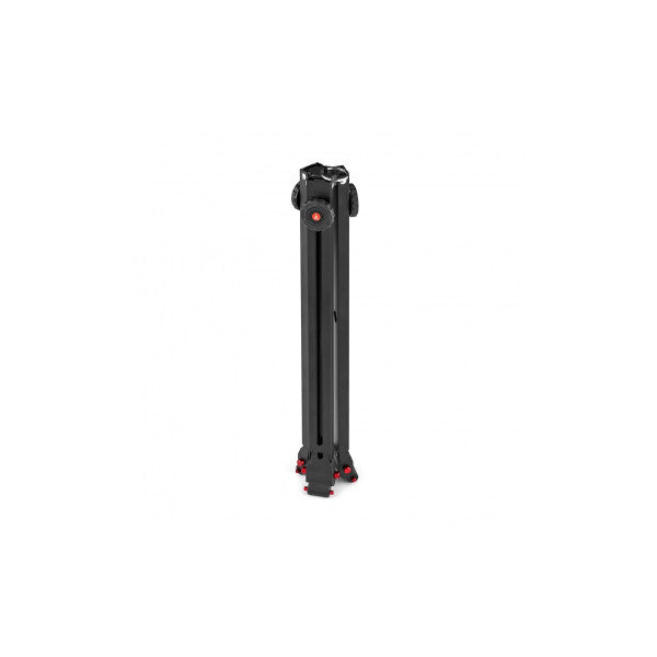 Manfrotto tripod with fluid head shown in full-length front view against white background, displaying black aluminum legs and red foot pads.