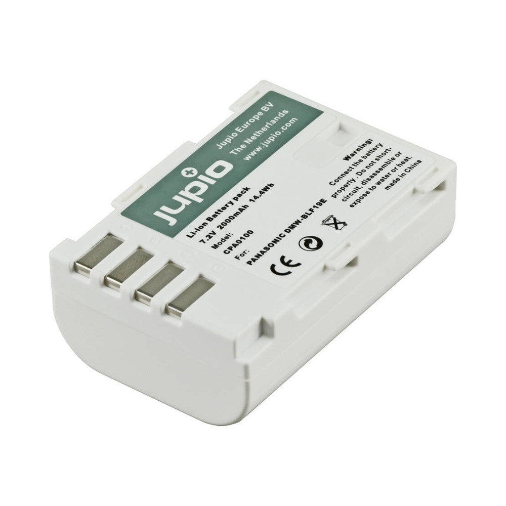 White lithium-ion battery pack shown at an angle displaying label with specifications, four metal contact pins, and CE certification marking.