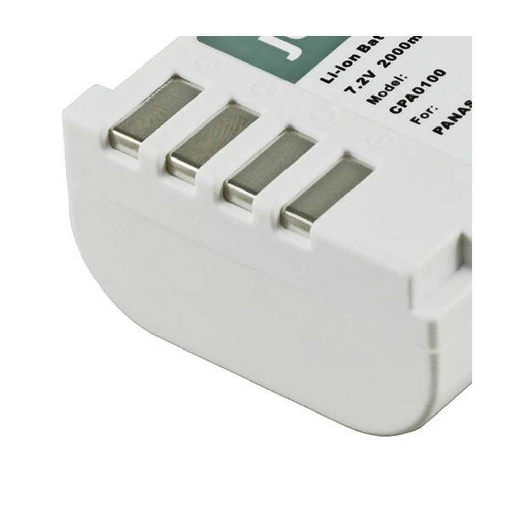 Close-up of white battery charger showing four metal contact slots on angled surface against white background.