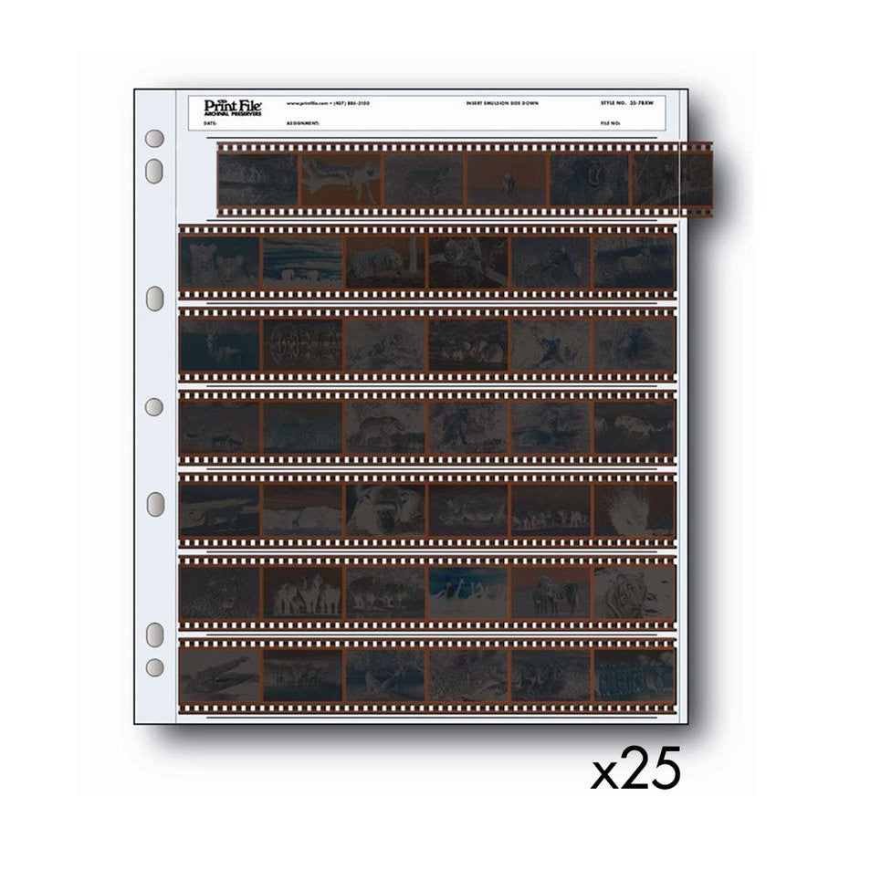 Stack of 25 translucent archival negative pages showing 35mm film strips with perforations, displayed at an angle against white background.