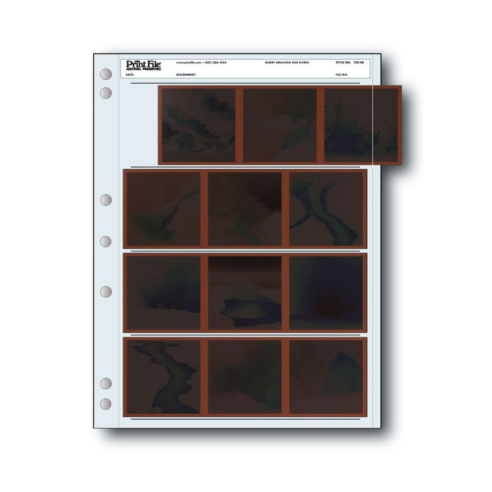Print File 120-4B archival negative pages displayed flat showing brown sleeves with four rows of three compartments each for organizing film negatives.