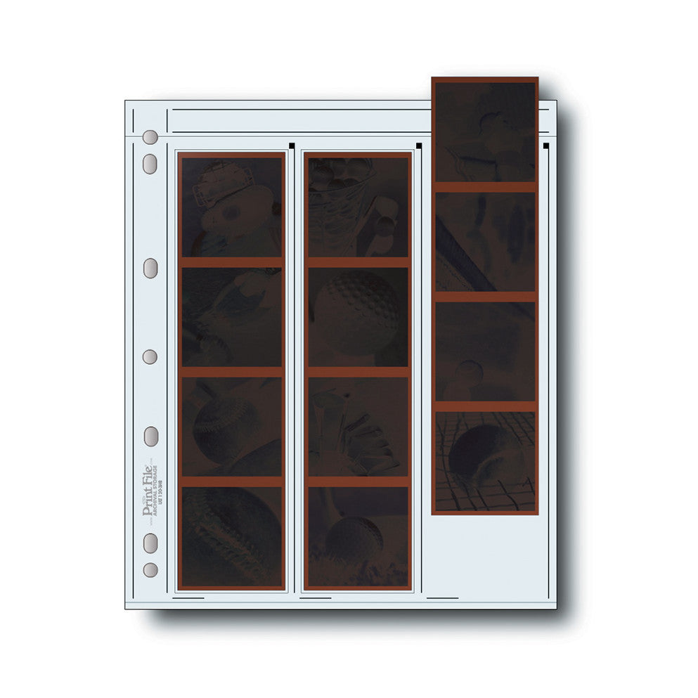 Front view of an archival negative storage page showing compartments holding dark film negatives with orange/brown mounting strips against a white background.
