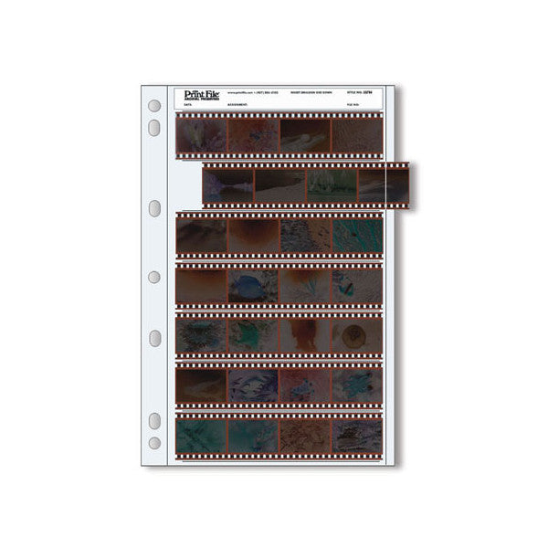 Front view of a Print File 35mm negative storage page showing multiple rows of film negatives in archival sleeves with punched binding holes on the left.