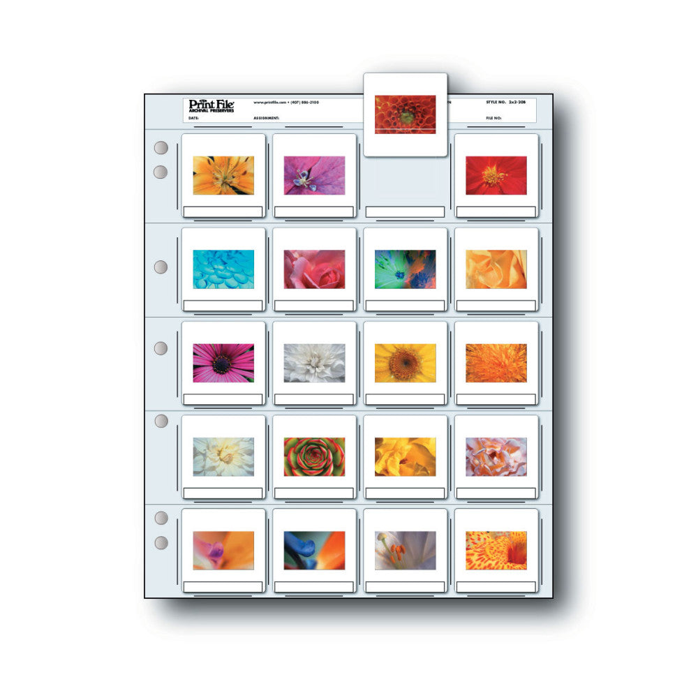 Print File slide storage page shown flat displaying 20 flower photograph slides in 2x2 format with blank caption areas below each slide.