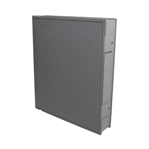 Grey three-ring binder with textured cover shown at three-quarter angle against white background, displaying front face and right side edge.