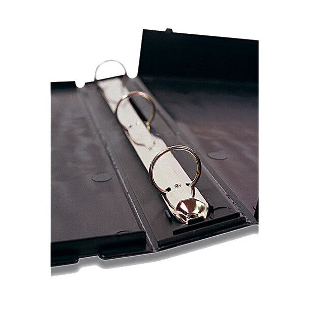 Close-up of open grey binder showing interior O-ring mechanism and archival-safe binding system with white straps and metal rings.
