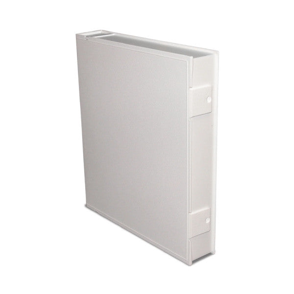White three-ring binder shown at an angle displaying its spine, front cover, and side with visible ring mechanism and storage pockets.
