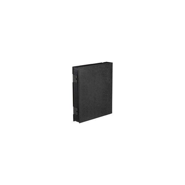Black three-ring binder shown at an angle, displaying the spine with metal rings and front cover against white background.