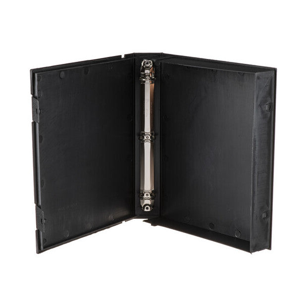 Open black binder displaying interior with chrome O-ring mechanism and metal hardware, shown at three-quarter angle.