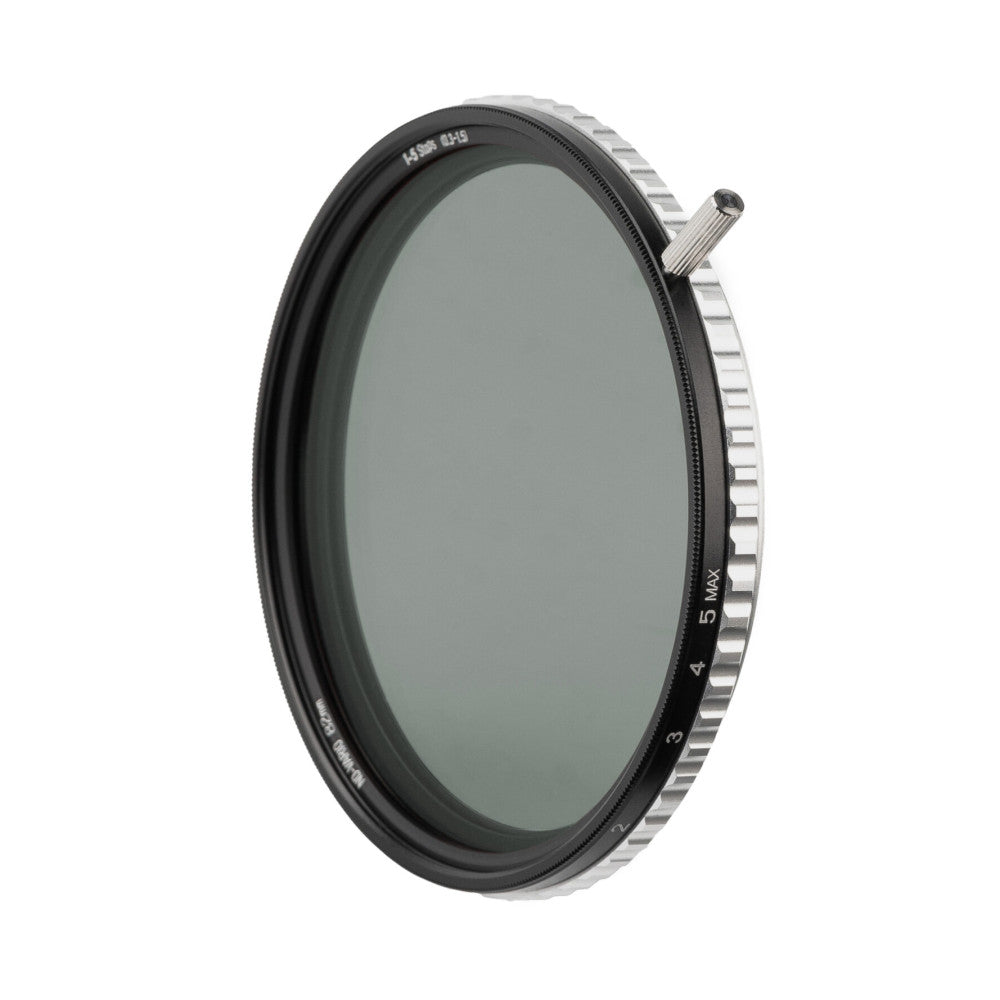 Angled view of a circular variable ND filter showing the adjustment ring with numbered stops from 2 to 5 MAX, and a small adjustment lever on top.