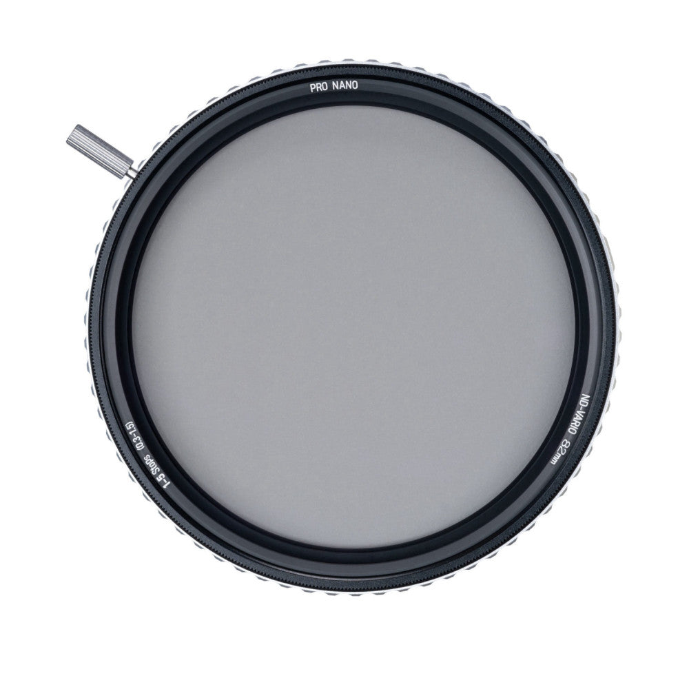 Front view of a circular black camera filter with "PRO NANO" text visible on the rim and a gray tinted glass center element.