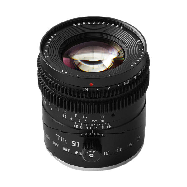 Front view of a black TTArtisan 50mm f/1.4 tilt lens with visible focus ring, aperture markings, and tilt adjustment mechanism at base.