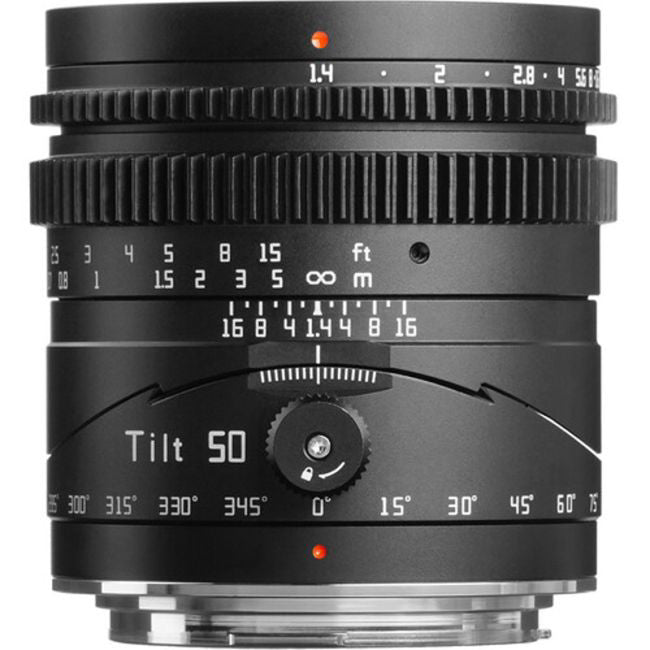 Top view of TTArtisan 50mm f/1.4 tilt lens showing focus ring, aperture markings, and tilt adjustment dial with degree measurements.