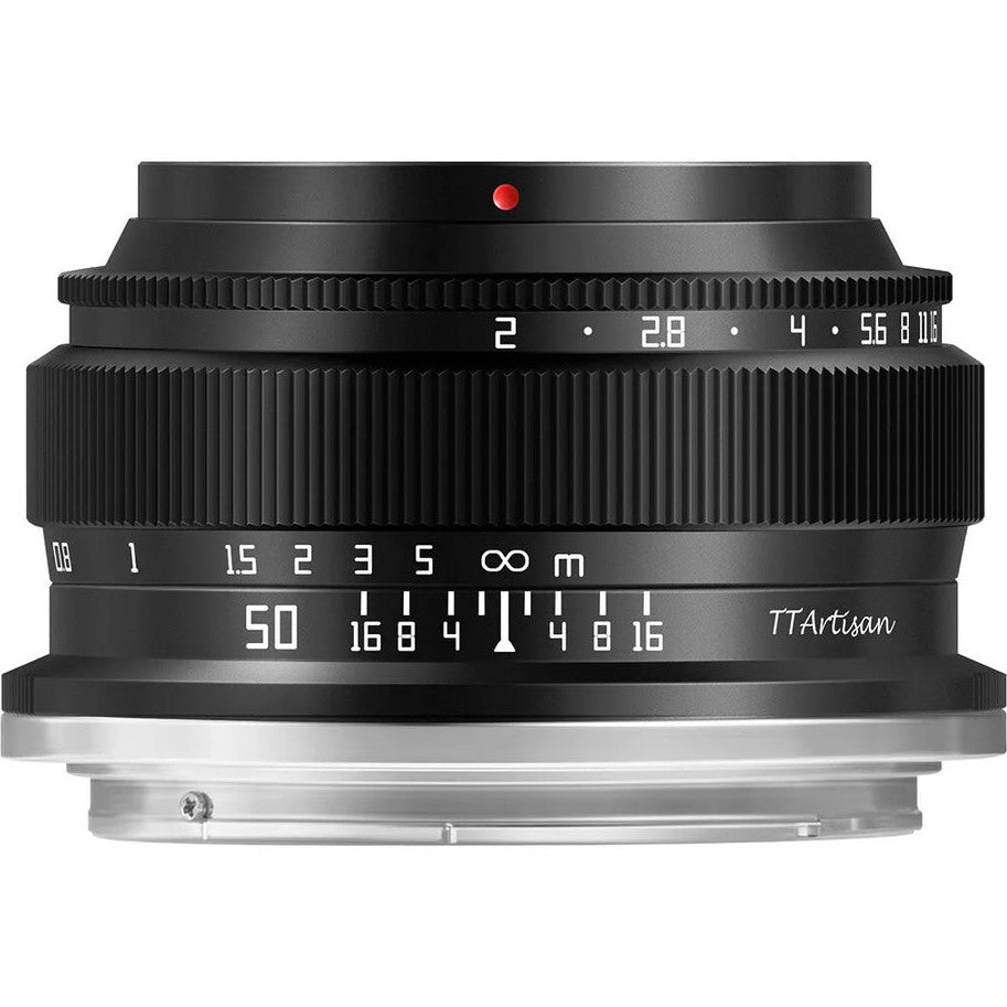 Front view of black TTArtisan 50mm f/2 lens showing aperture ring, focus scale, and Nikon Z mount base.