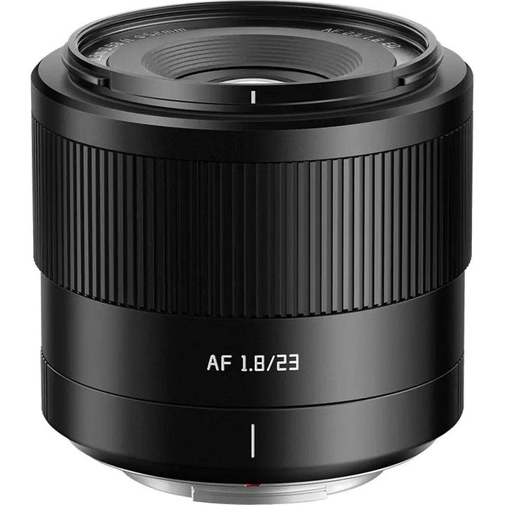 Black TTArtisan 23mm f/1.8 AF lens for Sony E mount displayed against white background, showing front three-quarter view with focus ring and AF marking visible.
