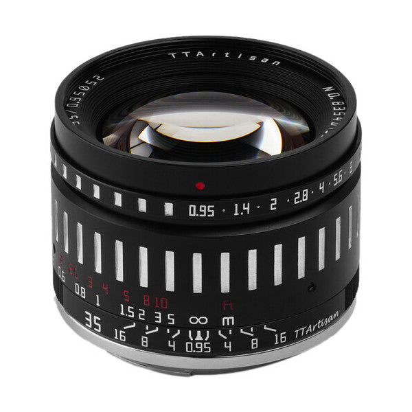 Front view of black TTArtisan 35mm f/0.95 lens showing glass elements, aperture ring with white markings, and focus distance scale.