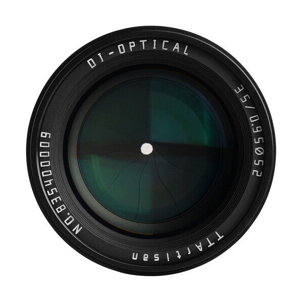 Front view of a black TTArtisan 35mm f/0.95 lens showing the glass element and engraved specifications on the barrel.