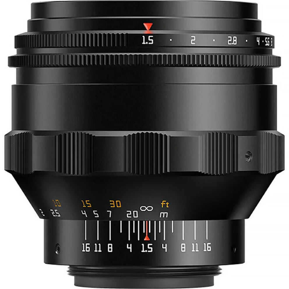 Front view of a black TTArtisan 75mm f/1.5 lens showing aperture ring, focus scale, and depth of field markings.