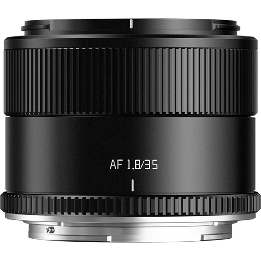 Black TTArtisan 35mm f/1.8 AF lens for Nikon Z mount shown from front angle, displaying ribbed focus ring and silver mount base.