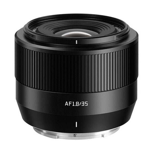 Front view of black TTArtisan 35mm f/1.8 AF lens for Nikon Z mount, showing ribbed barrel and focus ring against white background.