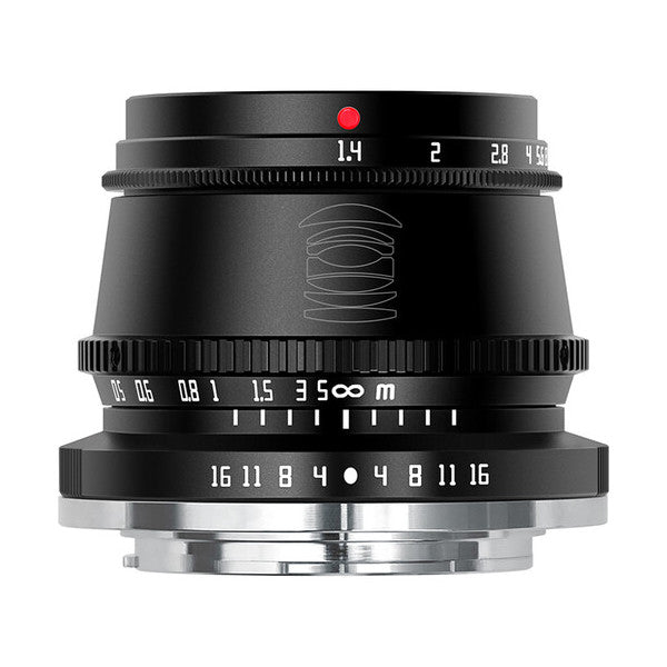 Front view of black TTArtisan 35mm f/1.4 lens showing focus ring, aperture scale, and depth of field markings.