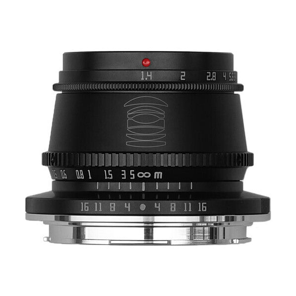 Front and bottom view of a black TTArtisan 35mm f/1.4 lens showing the focus ring, aperture scale, and mount details.
