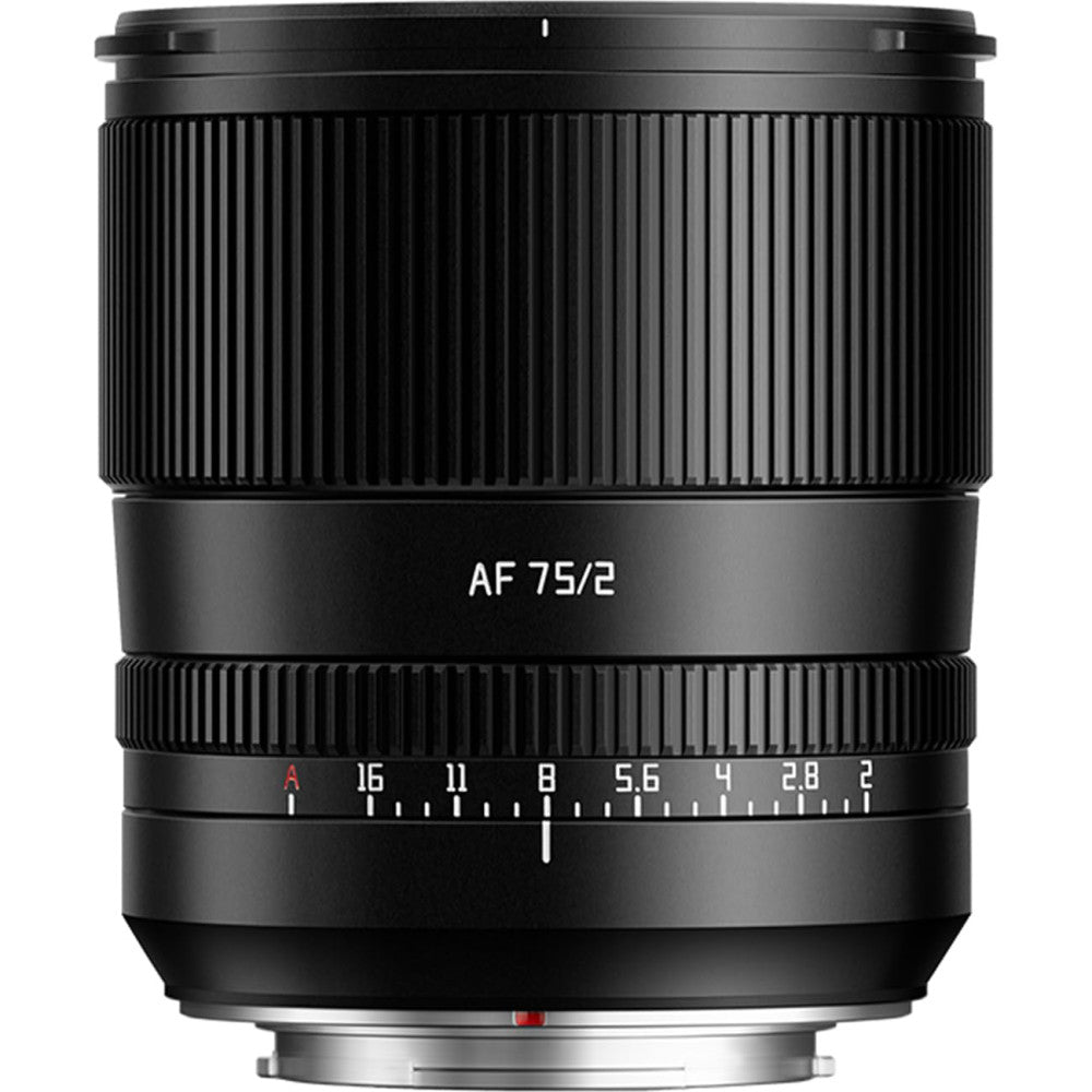 Black TTArtisan 75mm f/2 AF lens front view showing focus ring with aperture scale markings and Fujifilm X mount.