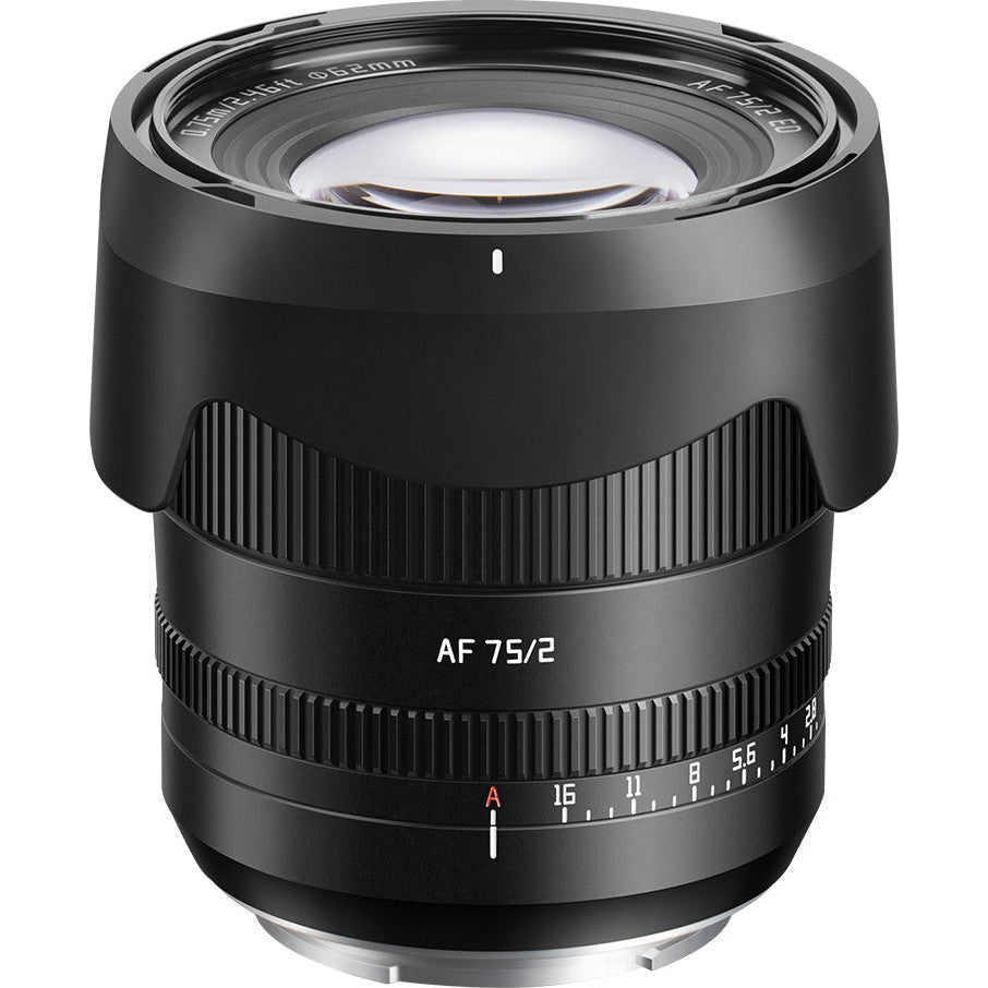 Black TTArtisan 75mm f/2 AF lens shown from front angle, displaying glass elements, focus ring with distance markings, and Fujifilm X mount base.