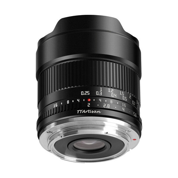 Black TTArtisan 10mm f/2 wide-angle lens for Fujifilm X mount shown from front angle, displaying focus ring, aperture markings, and lens hood.
