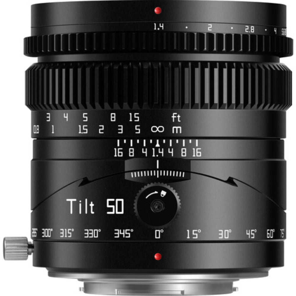 Front view of a black tilt lens showing aperture ring, focus scale, tilt mechanism with degree markings, and mechanical controls.